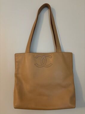 CHANEL Beige Leather Tote with Embossed CC Logo